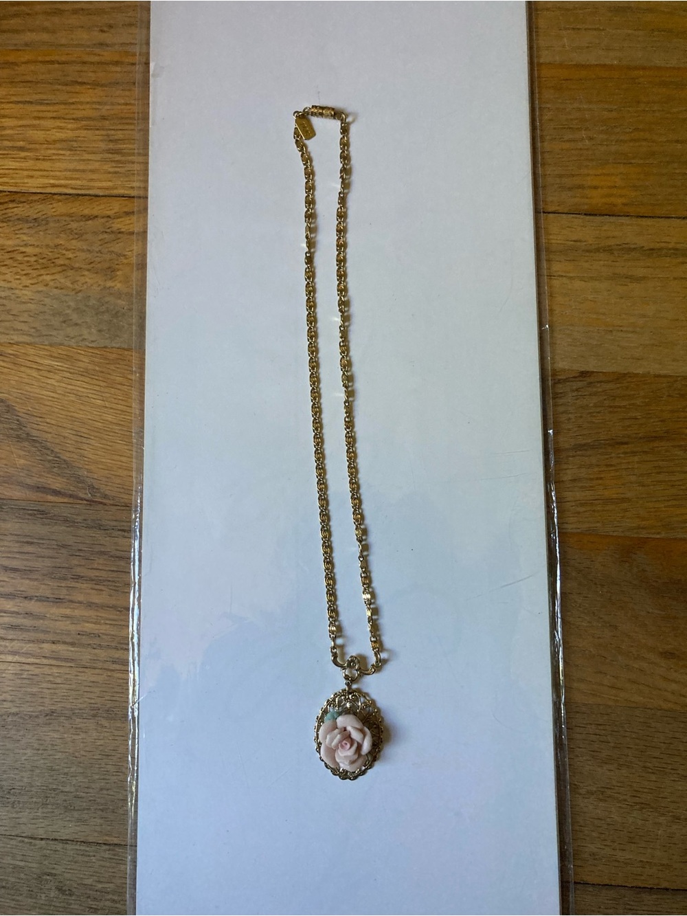 Signed 1928 Pink Rose Filigree Pendant Necklace Gold Tone Floral Victorian